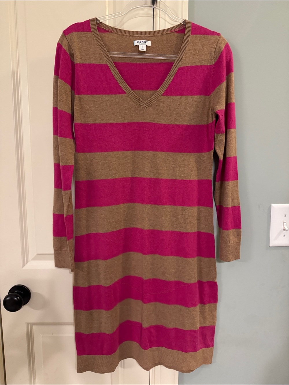Old Navy Pink and Tan Striped V-Neck Long Sleeve Sweater Dress